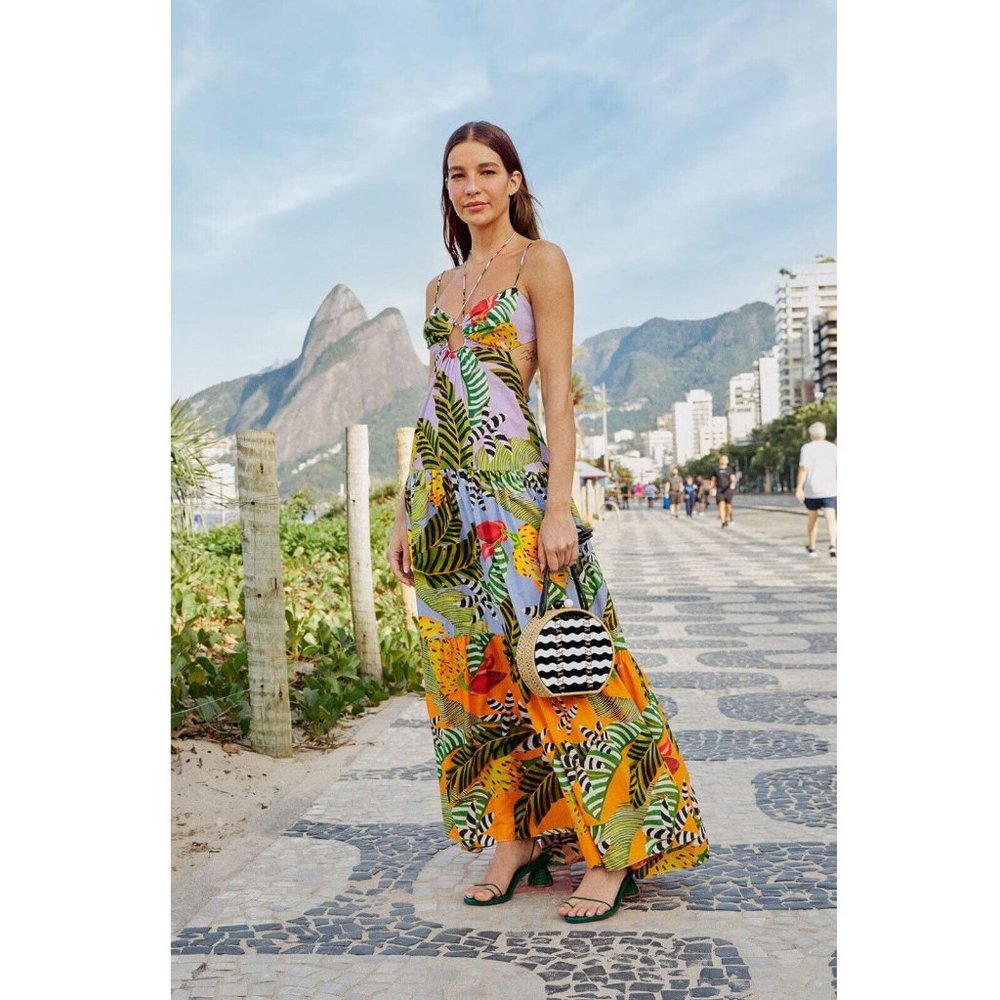 Farm Rio Anthropologie Mixed Striped Bananas Maxi Dress Beaded Cotton S